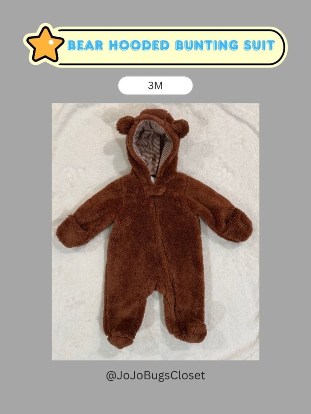 NWOT Carter's 3M Baby Bear Fleece Bunting Suit | Brown Hooded One-Piece ⭐